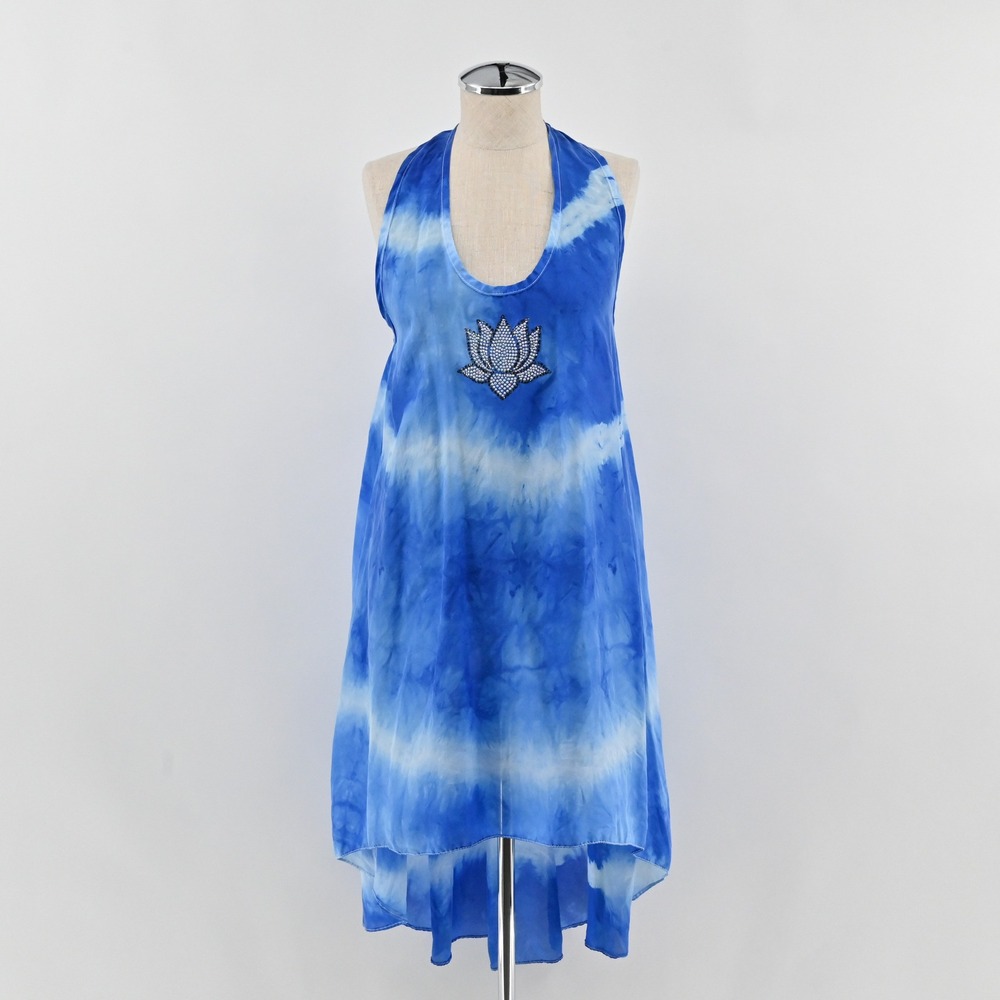 Aum Couture Tie Dye Lotus Silk Dress Womens Size M Blue Halter Rhinestone Resort